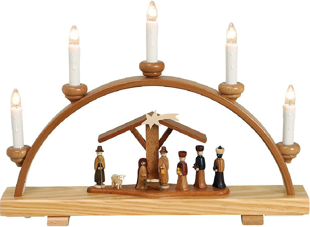 Schwibbogen, mit Christi Geburt klein, elektr. bel., 5 Kerzen