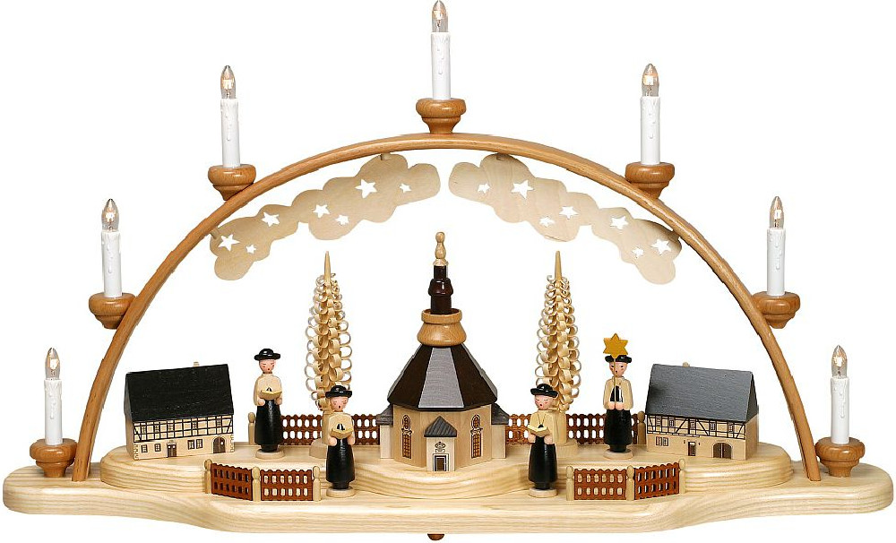 Schwibbogen, mit Seiffener Kirche u. großer Kurrende, elek. bel., 7 Kerzen