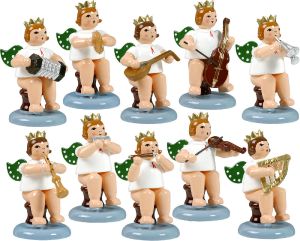 Engelmusikanten, sitzend, 10-teilig, Variante 3 - mit Krone Engelmusikanten, sitzend, 10-teilig, Variante 3 - mit Krone