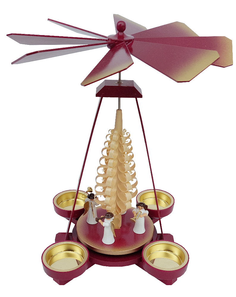 Teelichtpyramide mit Engel und Instrumenten, bordeaux