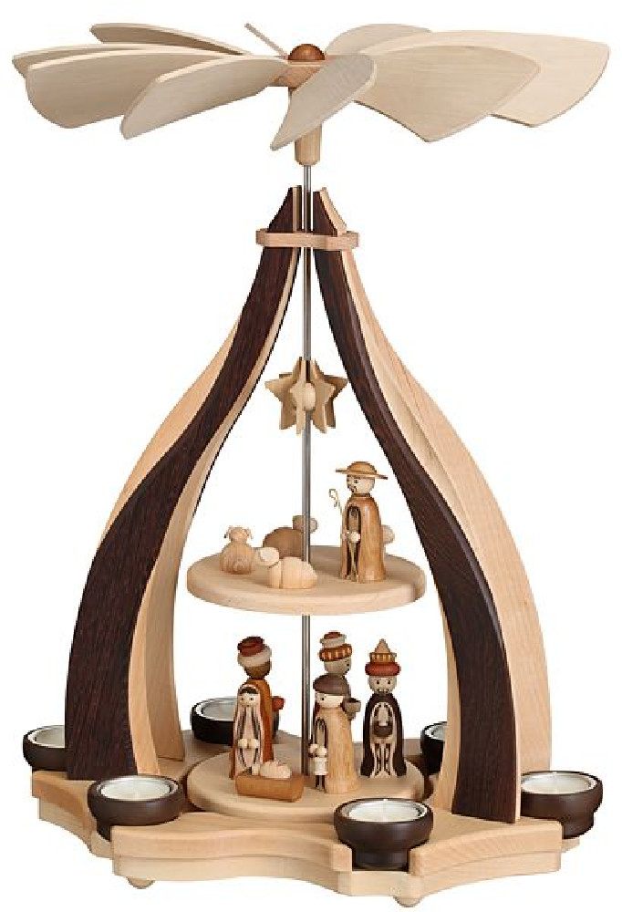 Design-Pyramide, Wenge/Hainbuche, mit Christi Geburt für 6 Teelichter