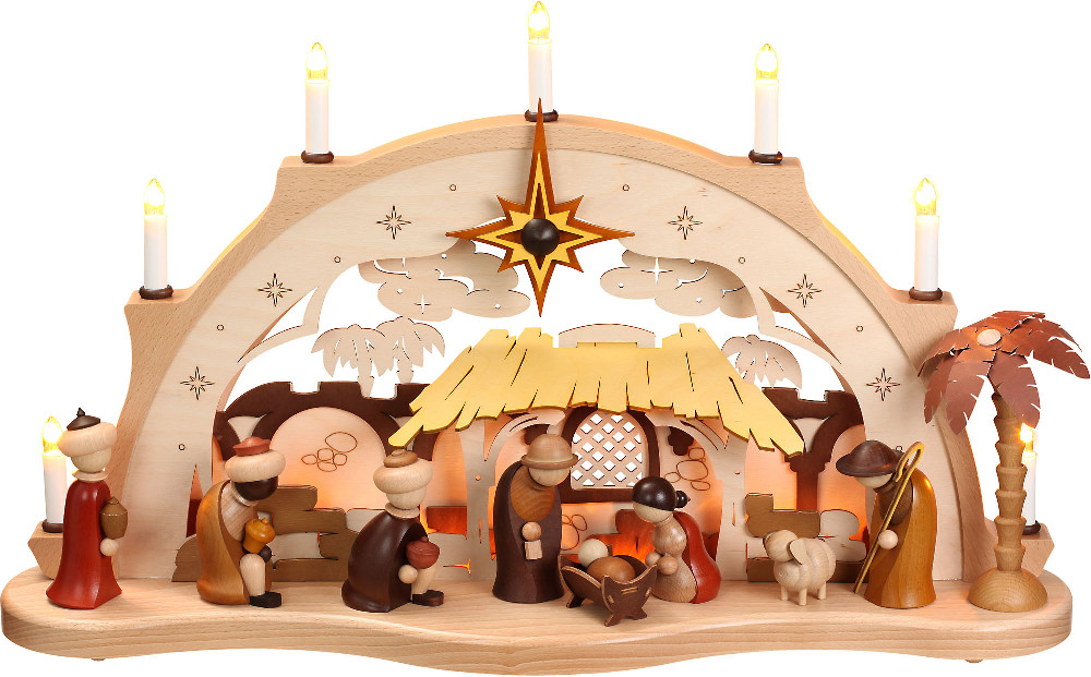 Schwibbogen Christi Geburt mit 7 Kerzen und indirekter Beleuchtung