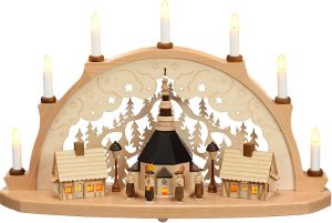 Schwibbogen Seiffener Kirche, beleuchtete Häuser Schwibbogen Seiffener Kirche, beleuchtete Häuser