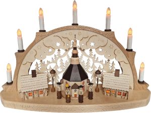 Schwibbogen Seiffener Kirche, beleuchtete Häuser Schwibbogen Seiffener Kirche, beleuchtete Häuser